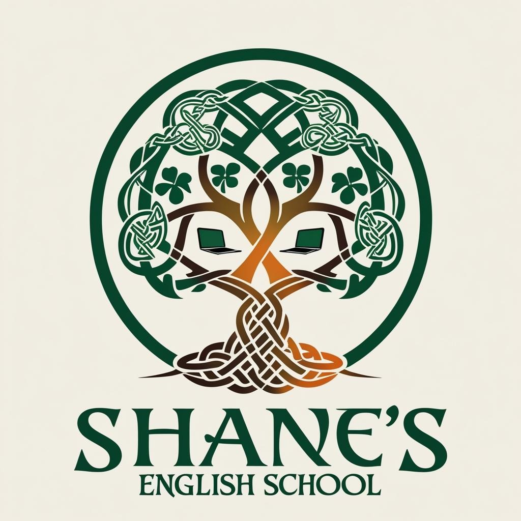 The Celtic-style logo for Shane's English School, an online academy for Spanish speakers.